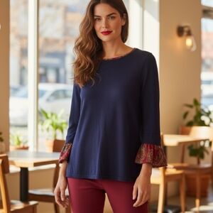 Chico's Navy Blue Lightweight Sweater Top with Vibrant Paisley Cuffs